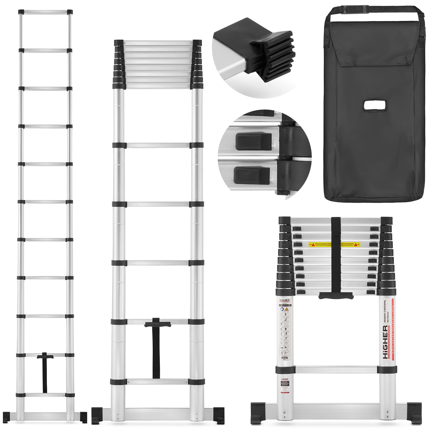 Drabina aluminiowa teleskopowa przystawna HIGHER 320 cm + torba