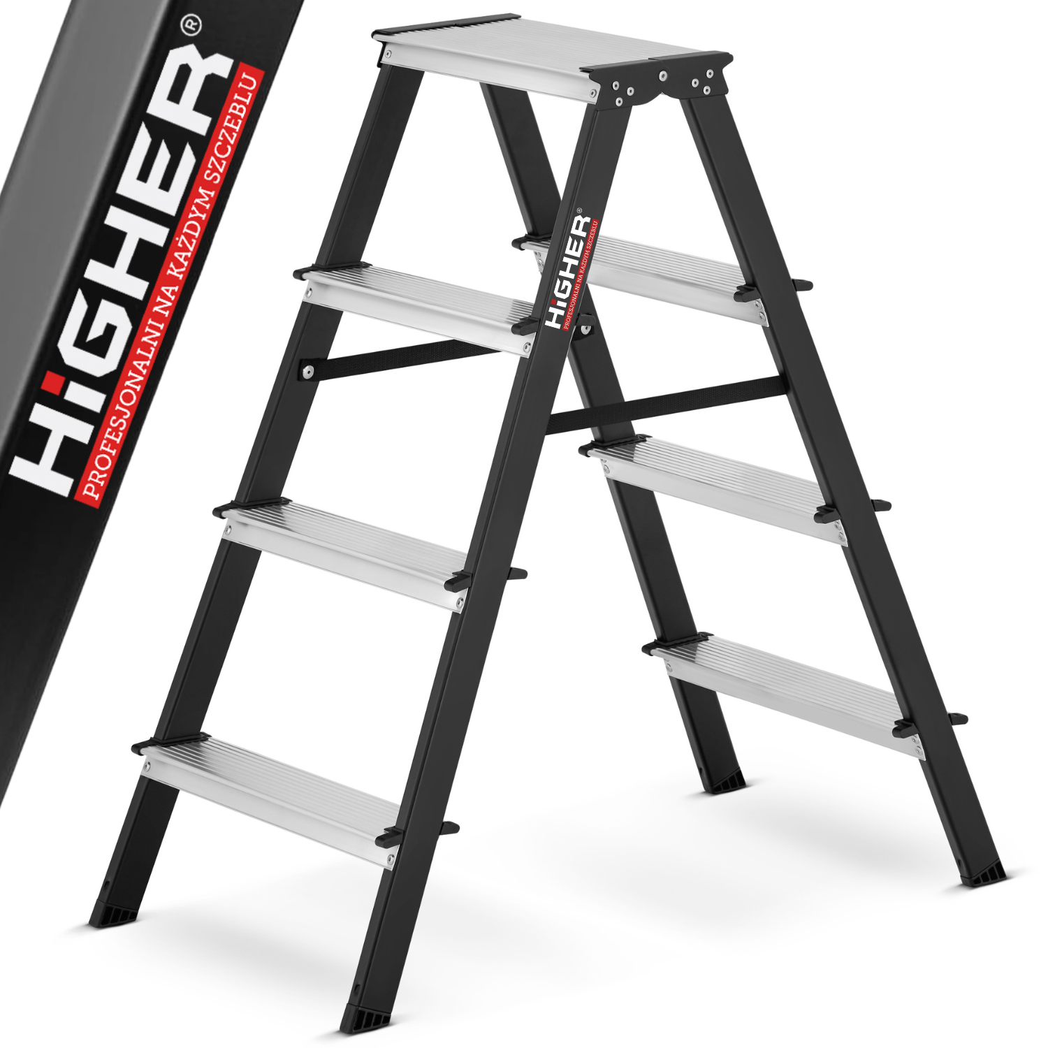 Drabina aluminiowa domowa stalowa dwustronna składana HIGHER 2x4 stopnie 150kg